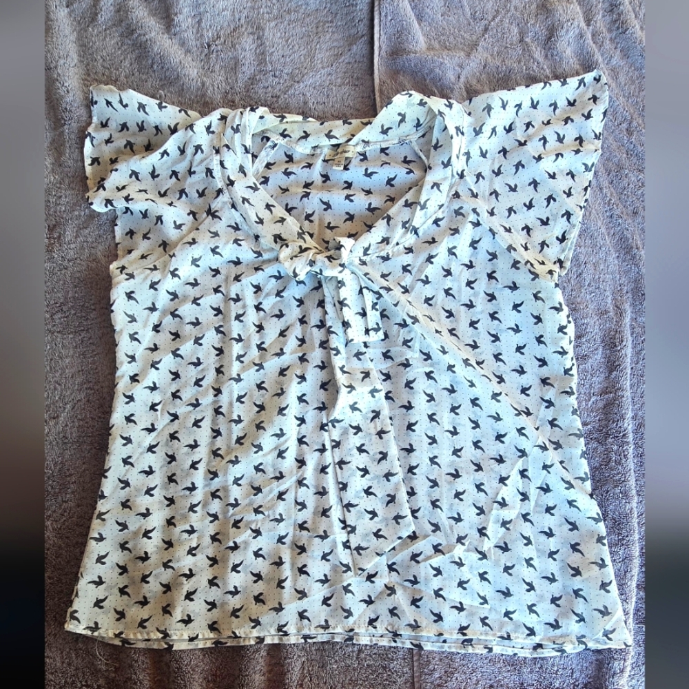 Lily Star White Blouse with Black Bird Pattern